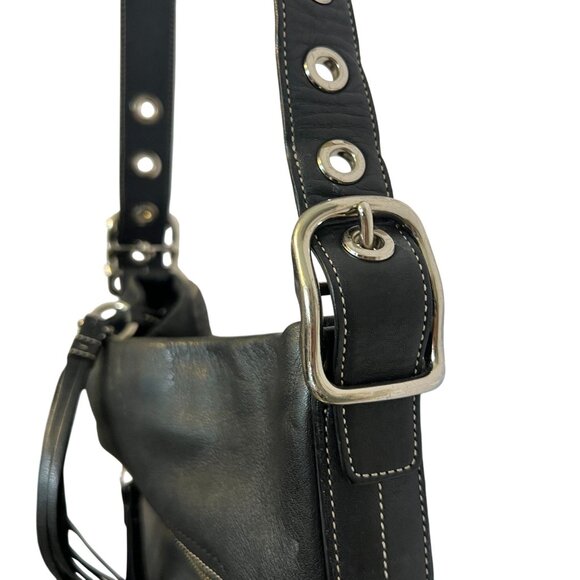 COA Coach Black Leather Shoulder Bag Tote Purse Duffle Tassel White Stitch Fring - Picture 6 of 15